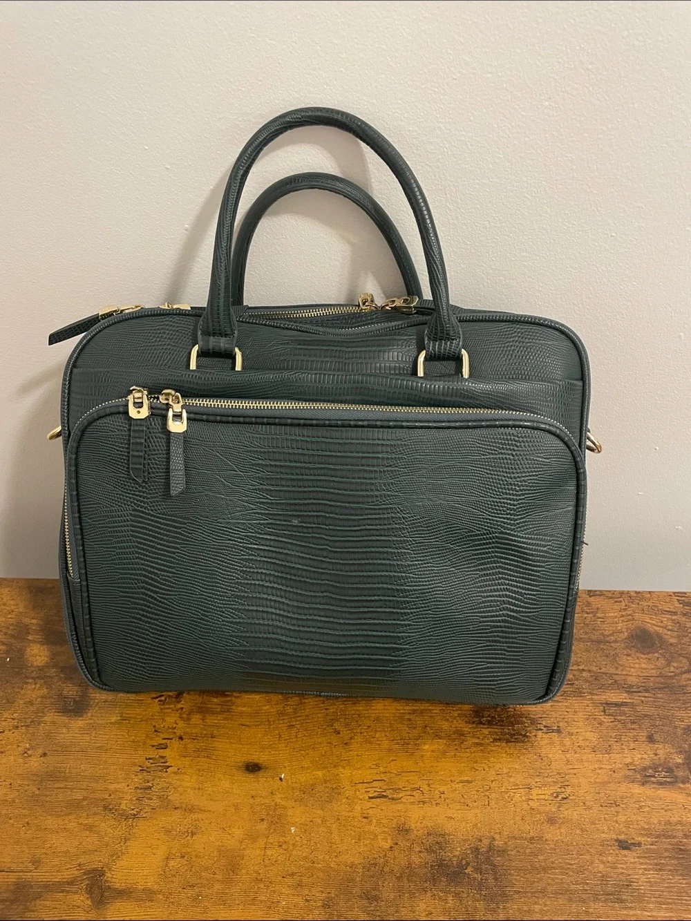 Dark Green Laptop Briefcase w Gold Hardware (Faux Alligator material) - 15x12x4